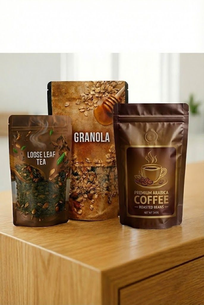 Bolsas stand up pouch impresas sobre una mesa