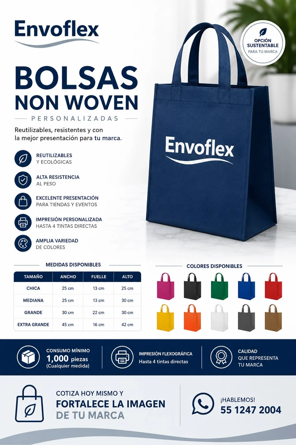 Bolsas Non Woven personalizadas Envoflex: medidas, colores y consumo mínimo de 1,000 piezas