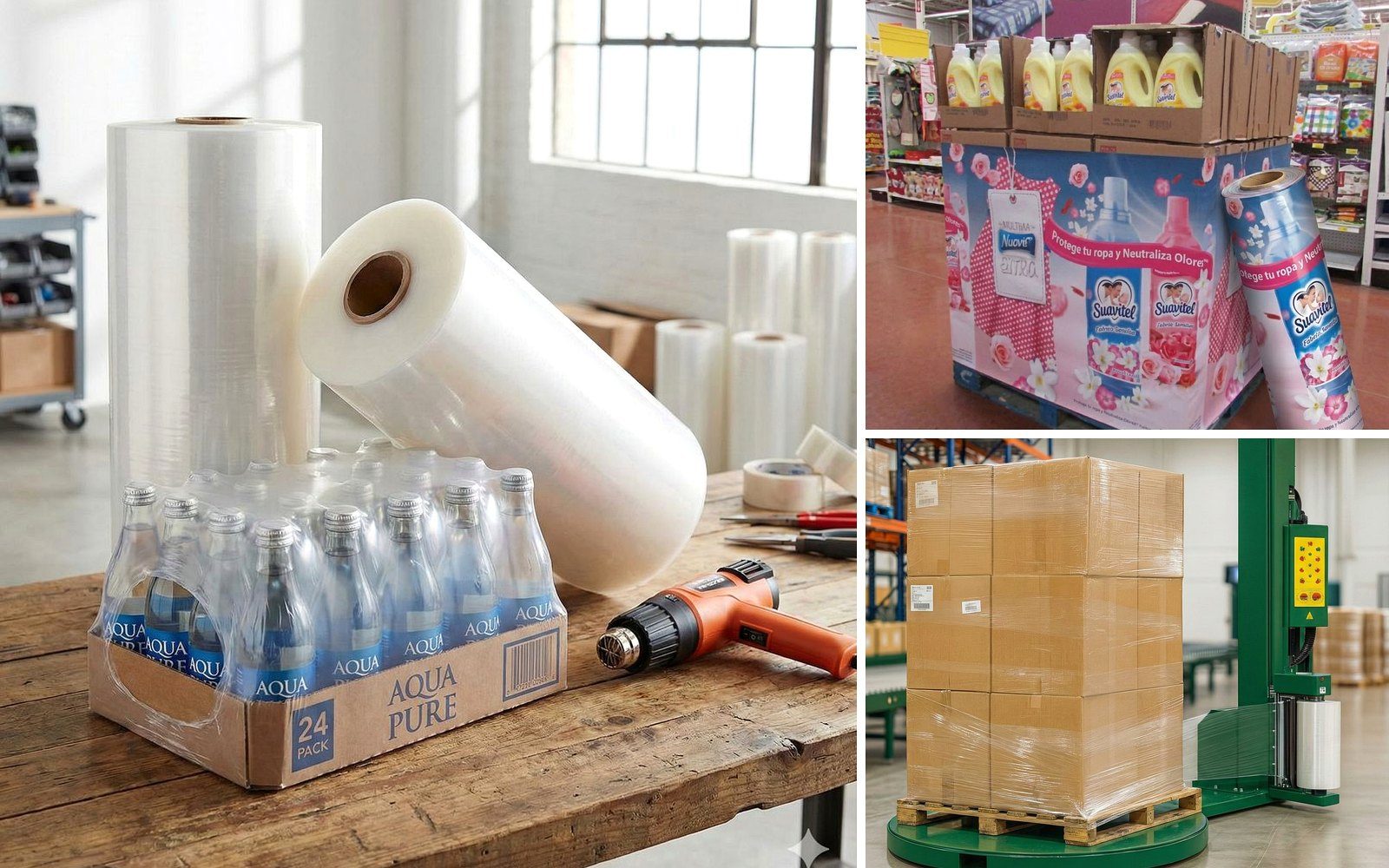 Botellas agrupadas con película termoencogible en un taller