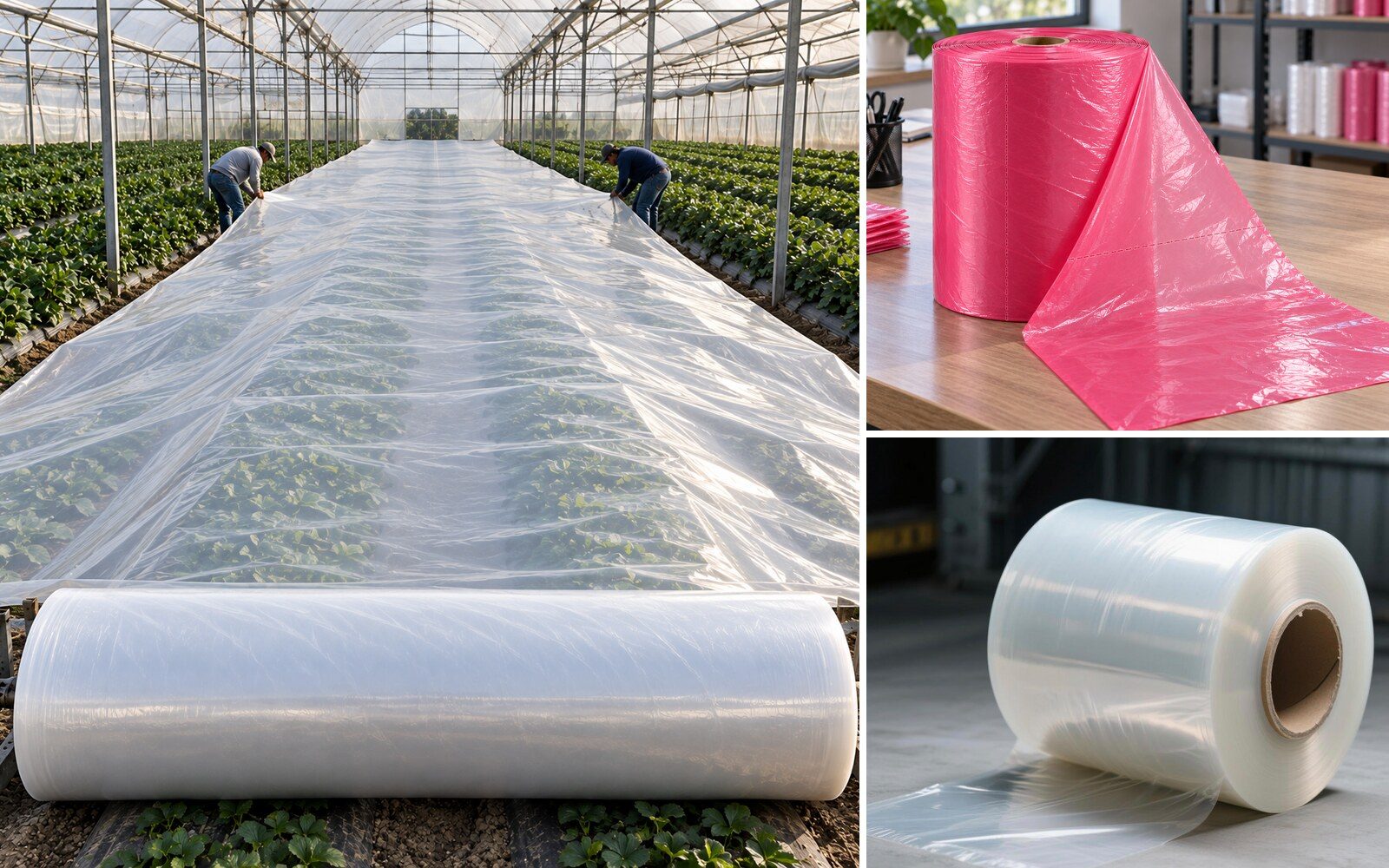 Rollo tubular de polietileno en planta, rollo de bolsa precortada en color y película de polietileno extendida en un invernadero
