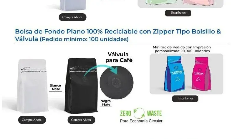 Bolsa de fondo plano 100 % reciclable con zipper tipo bolsillo y válvula