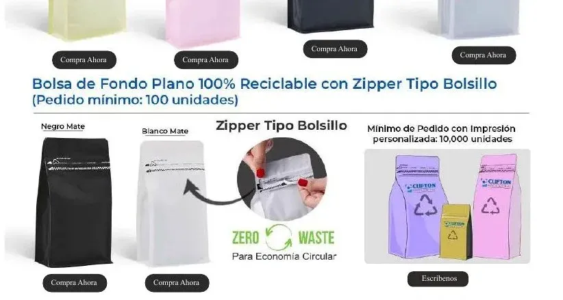 Bolsa de fondo plano 100 % reciclable con zipper tipo bolsillo