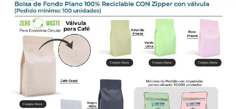 Bolsa de fondo plano 100 % reciclable con zipper y válvula