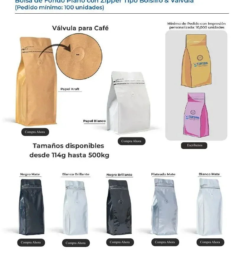 Bolsa de fondo plano con zipper tipo bolsillo y válvula