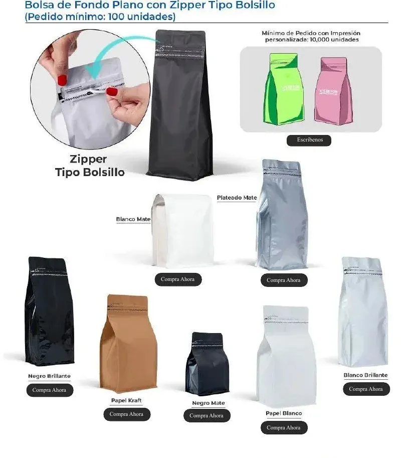 Bolsa de fondo plano con zipper tipo bolsillo