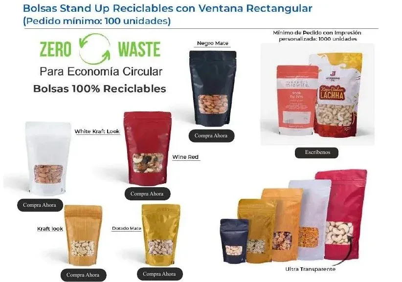Bolsas Stand Up reciclables con ventana rectangular