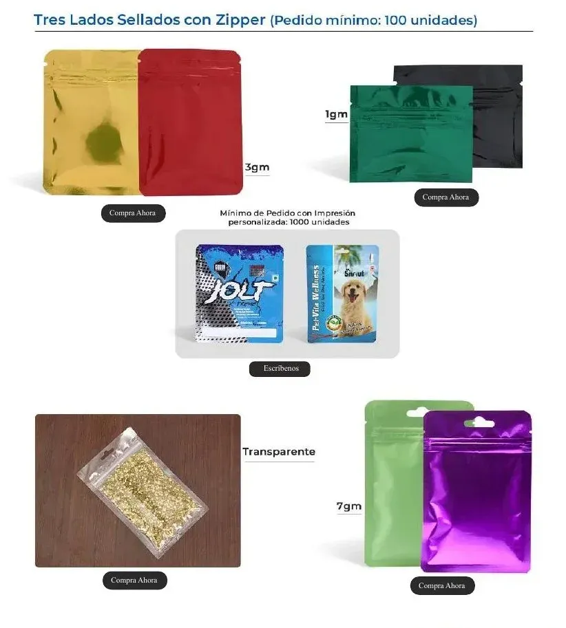 Bolsa de tres lados sellados con zipper