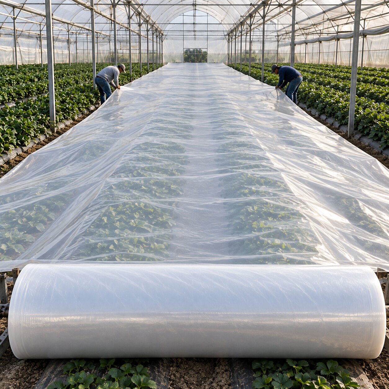 Rollo de polietileno para invernadero desplegado sobre el cultivo por dos operarios